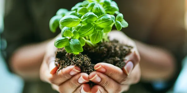 Hands holding green plant
